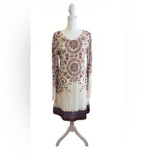 Xhilaration Cream Floral Long-Sleeve Knit Dress with Blue & Rust Accents. Boho.